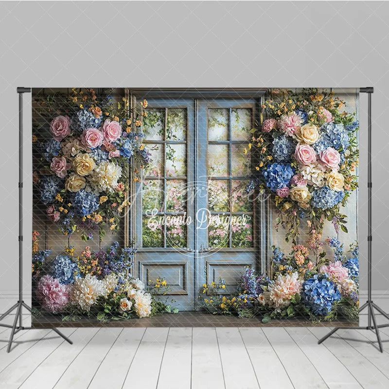 Aperturee - Aperturee Rustic Floral Wedding Backdrop Blue French Door with Garden View Pink Rose Hydrangea Photography Background