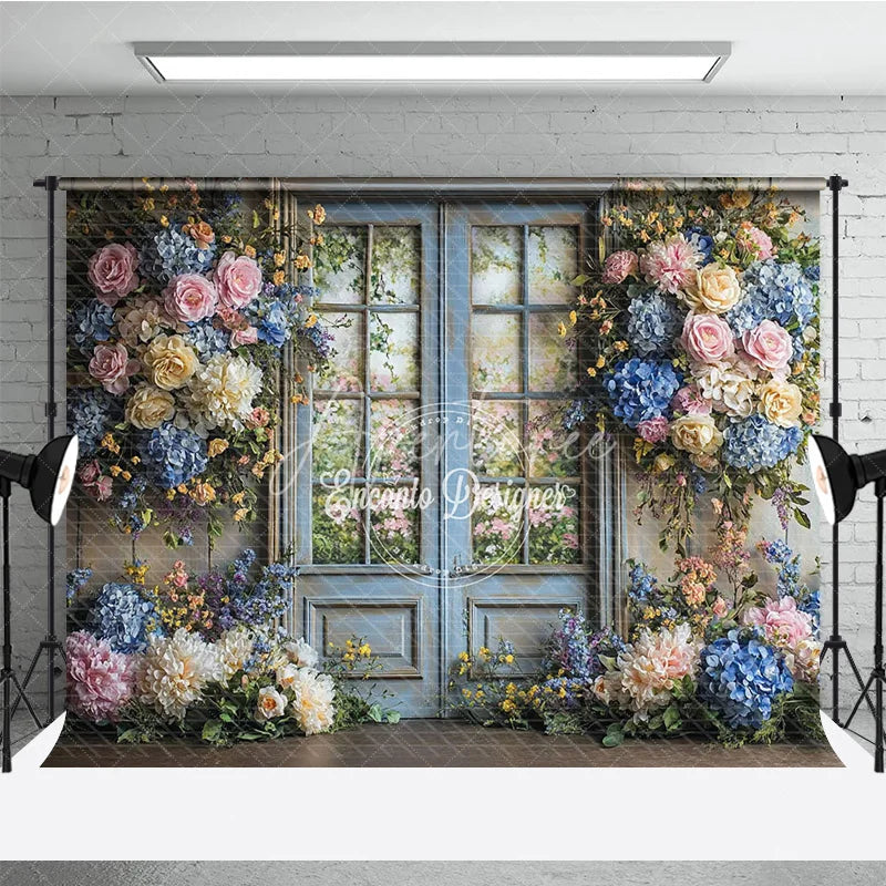 Aperturee - Aperturee Rustic Floral Wedding Backdrop Blue French Door with Garden View Pink Rose Hydrangea Photography Background