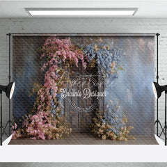 Aperturee - Aperturee Rustic Floral Wedding Backdrop Vintage Dark Wood Door Background Pink and Blue Blossoms Bridal Shower Photo Prop