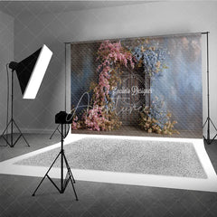 Aperturee - Aperturee Rustic Floral Wedding Backdrop Vintage Dark Wood Door Background Pink and Blue Blossoms Bridal Shower Photo Prop