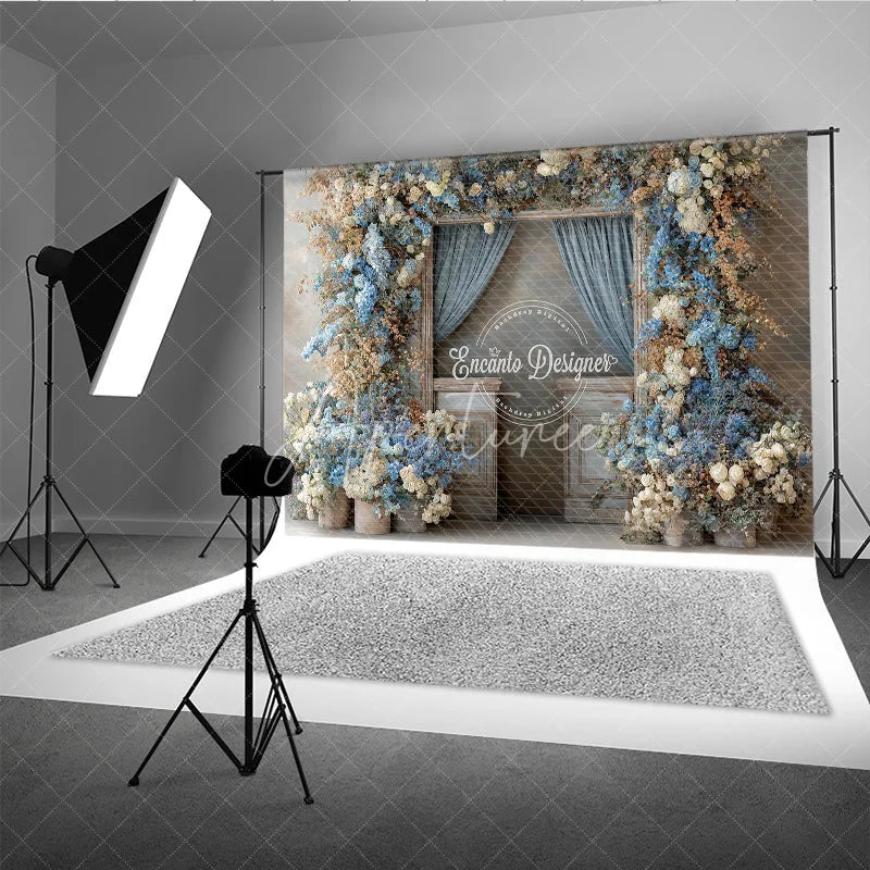 Aperturee - Aperturee Rustic Floral Wedding Backdrop Vintage Door with Blue Curtains Blue and White Hydrangea Photography Prop