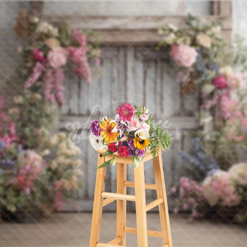 Aperturee - Aperturee Rustic Floral Wedding Backdrop White Barn Door Photo Background Pink and Blue Flowers for Bridal Shower Decor