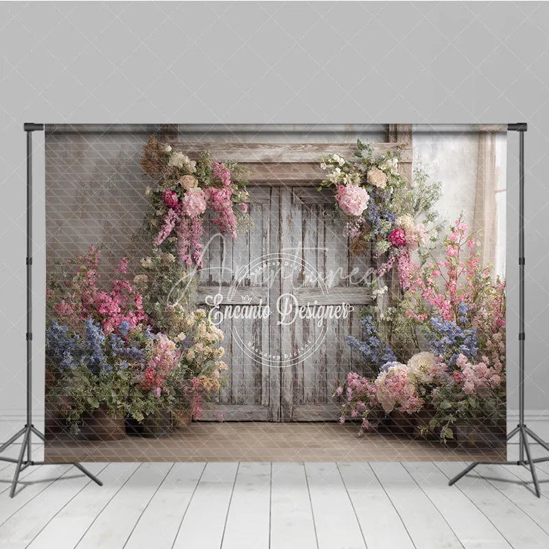 Aperturee - Aperturee Rustic Floral Wedding Backdrop White Barn Door Photo Background Pink and Blue Flowers for Bridal Shower Decor