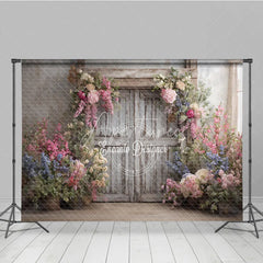 Aperturee - Aperturee Rustic Floral Wedding Backdrop White Barn Door Photo Background Pink and Blue Flowers for Bridal Shower Decor