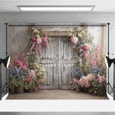 Aperturee - Aperturee Rustic Floral Wedding Backdrop White Barn Door Photo Background Pink and Blue Flowers for Bridal Shower Decor