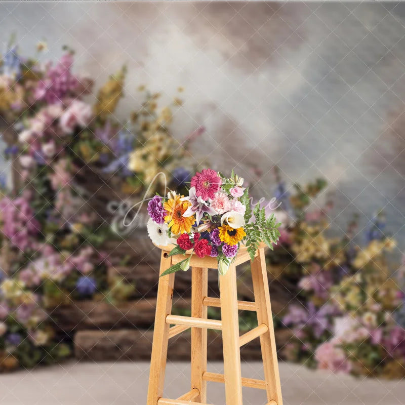 Aperturee - Aperturee Rustic Floral Woodland Backdrop Wooden Steps with Flowers Background Enchanted Forest Wedding Photo Props
