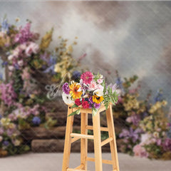 Aperturee - Aperturee Rustic Floral Woodland Backdrop Wooden Steps with Flowers Background Enchanted Forest Wedding Photo Props
