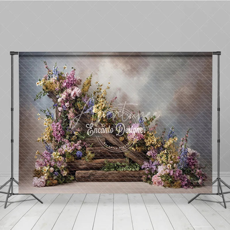 Aperturee - Aperturee Rustic Floral Woodland Backdrop Wooden Steps with Flowers Background Enchanted Forest Wedding Photo Props