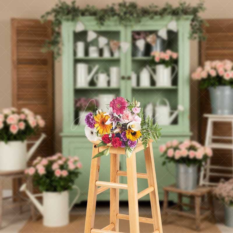 Aperturee Aperturee Rustic Flower Market Photography Backdrop Sage Green Hutch with Pink Roses Farmhouse Style Spring Photo Prop