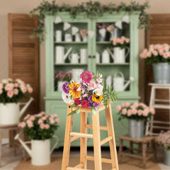 Aperturee Aperturee Rustic Flower Market Photography Backdrop Sage Green Hutch with Pink Roses Farmhouse Style Spring Photo Prop