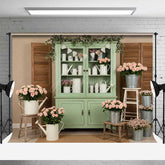 Aperturee Aperturee Rustic Flower Market Photography Backdrop Sage Green Hutch with Pink Roses Farmhouse Style Spring Photo Prop