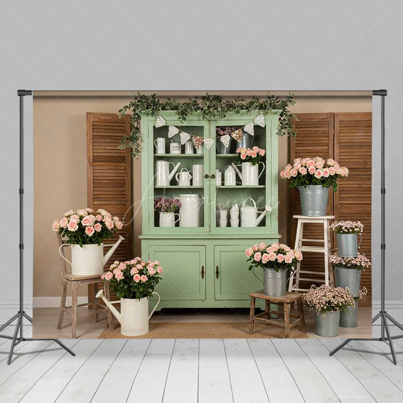 Aperturee Aperturee Rustic Flower Market Photography Backdrop Sage Green Hutch with Pink Roses Farmhouse Style Spring Photo Prop