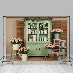 Aperturee Aperturee Rustic Flower Market Photography Backdrop Sage Green Hutch with Pink Roses Farmhouse Style Spring Photo Prop