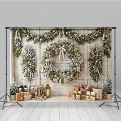 Aperturee - Aperturee Rustic Frosted Christmas Wreath and Garland Holiday Backdrop Elegant Winter Scene with Wrapped Gifts