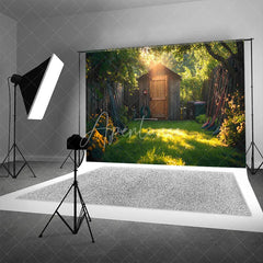 Aperturee - Aperturee Rustic Garden Shed Backdrop Wooden Tool House in Sunny Yard Spring Summer Nature Photography Background