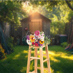 Aperturee - Aperturee Rustic Garden Shed Backdrop Wooden Tool House in Sunny Yard Spring Summer Nature Photography Background