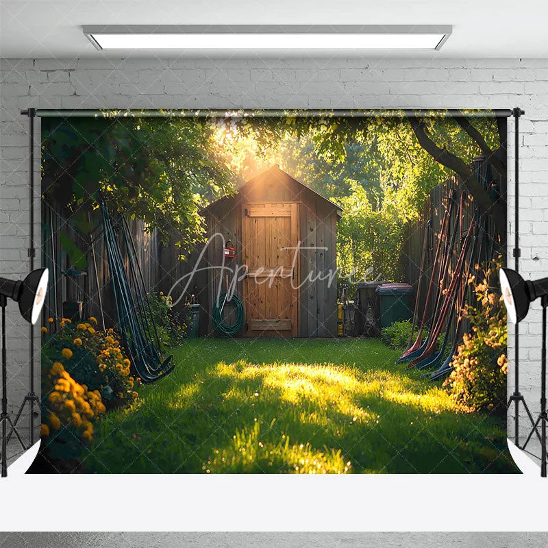 Aperturee - Aperturee Rustic Garden Shed Backdrop Wooden Tool House in Sunny Yard Spring Summer Nature Photography Background