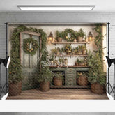 Aperturee - Aperturee Rustic Green Door Christmas Backdrop Vintage Potting Shed Shelf Photography Background