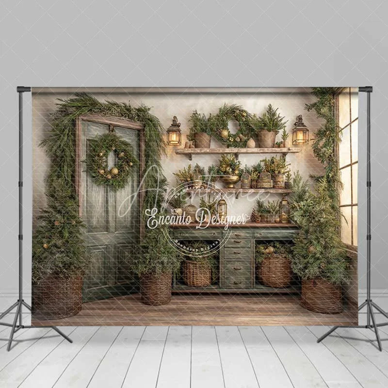Aperturee - Aperturee Rustic Green Door Christmas Backdrop Vintage Potting Shed Shelf Photography Background