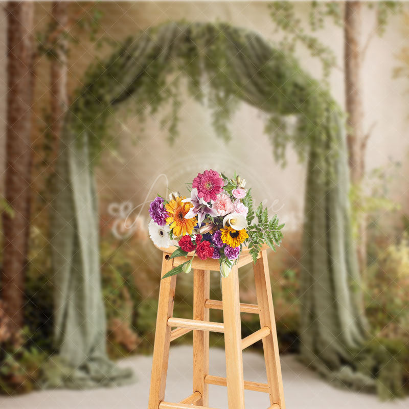 Aperturee - Aperturee Rustic Greenery and Draped Fabric Arch Photography Backdrop Enchanted Forest Boho Wedding Photo Background