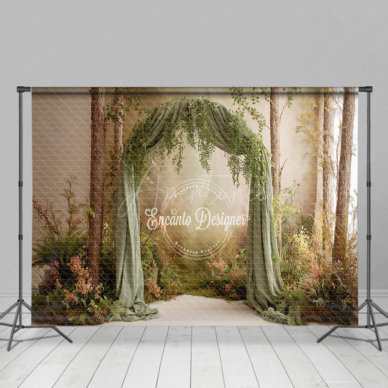 Aperturee - Aperturee Rustic Greenery and Draped Fabric Arch Photography Backdrop Enchanted Forest Boho Wedding Photo Background