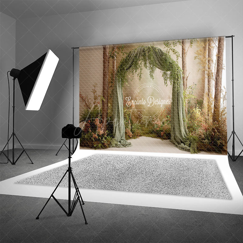 Aperturee - Aperturee Rustic Greenery and Draped Fabric Arch Photography Backdrop Enchanted Forest Boho Wedding Photo Background