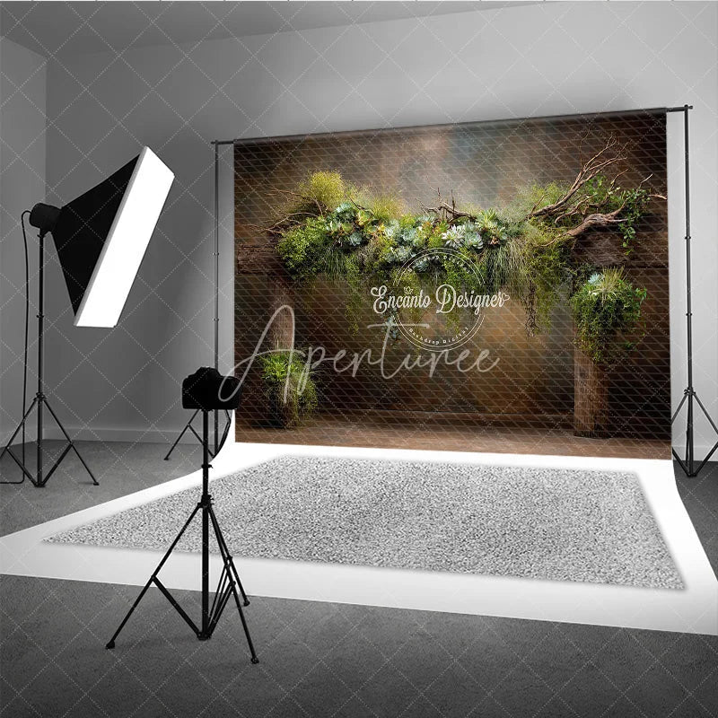 Aperturee - Aperturee Rustic Greenery Photography Backdrop Wooden Arch with Succulents Fine Art Maternity Photo Background