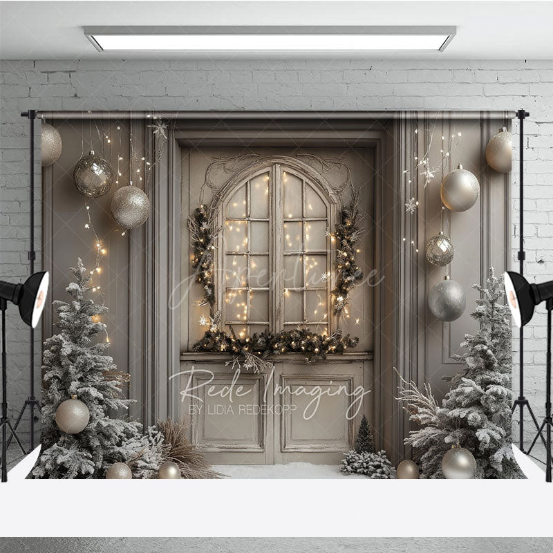 Aperturee - Aperturee Rustic Grey Door Christmas Photography Backdrop Flocked Trees and Snow Neutral Holiday Mini Session Background