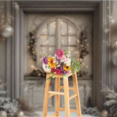 Aperturee - Aperturee Rustic Grey Door Christmas Photography Backdrop Flocked Trees and Snow Neutral Holiday Mini Session Background