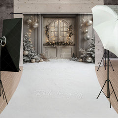 Aperturee - Aperturee Rustic Grey Door Christmas Sweep Backdrop Flocked Trees and Snow Neutral Holiday Mini Session Floor Drop