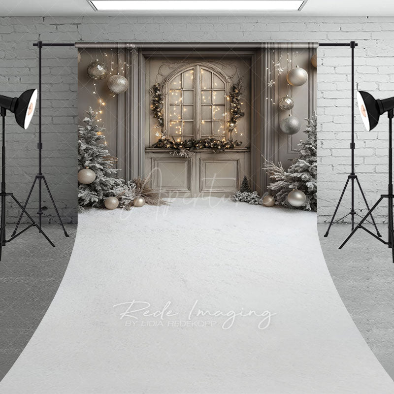 Aperturee - Aperturee Rustic Grey Door Christmas Sweep Backdrop Flocked Trees and Snow Neutral Holiday Mini Session Floor Drop