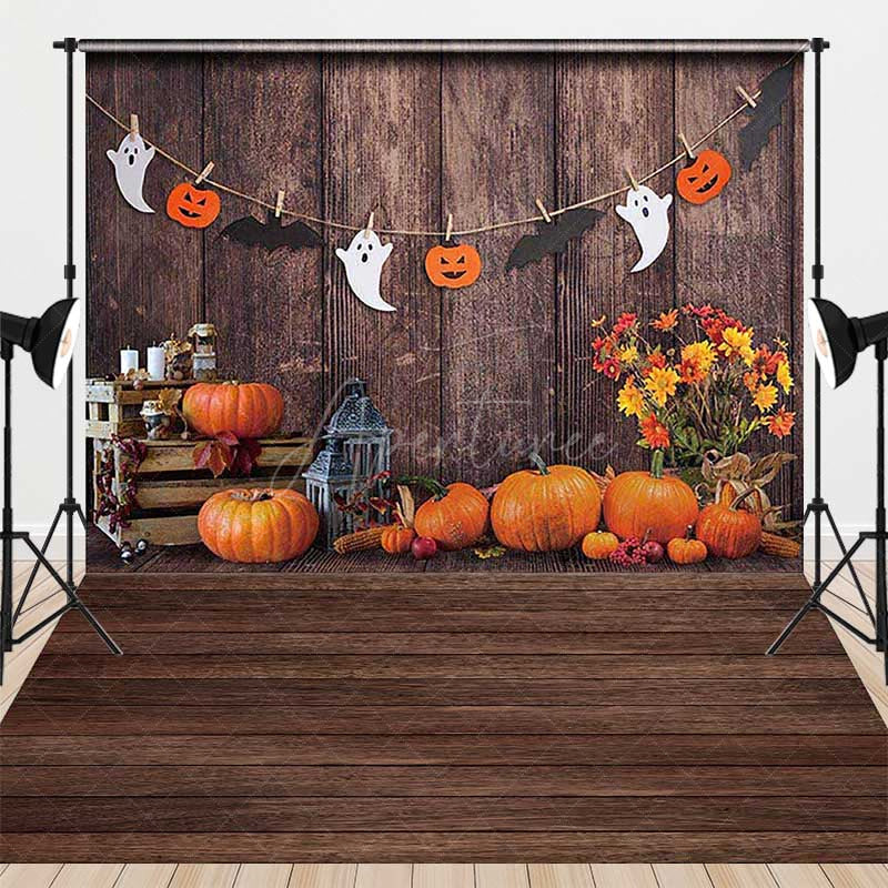 Aperturee - Aperturee Rustic Halloween Pumpkin Combo Set Backdrop Wood Wall with Ghost Garland Fall Farmhouse Party Photos