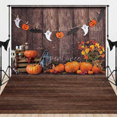 Aperturee - Aperturee Rustic Halloween Pumpkin Combo Set Backdrop Wood Wall with Ghost Garland Fall Farmhouse Party Photos