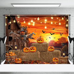 Aperturee - Aperturee Rustic Halloween Scarecrow Backdrop Pumpkin Patch at the Barn with String Lights Fall Harvest Party Decor