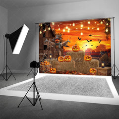 Aperturee - Aperturee Rustic Halloween Scarecrow Backdrop Pumpkin Patch at the Barn with String Lights Fall Harvest Party Decor
