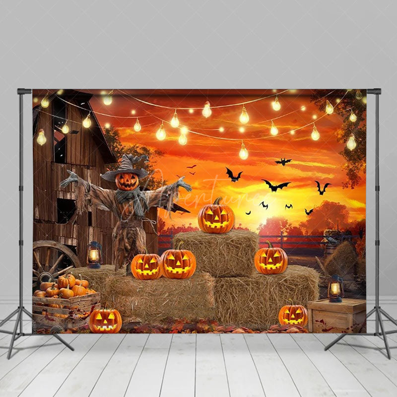 Aperturee - Aperturee Rustic Halloween Scarecrow Backdrop Pumpkin Patch at the Barn with String Lights Fall Harvest Party Decor