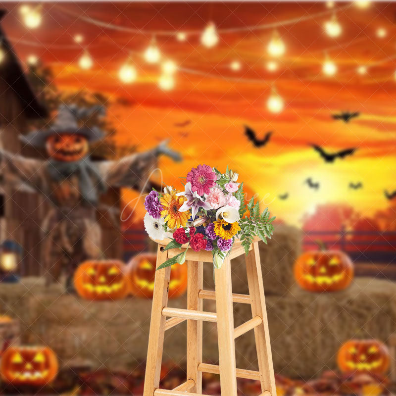 Aperturee - Aperturee Rustic Halloween Scarecrow Backdrop Pumpkin Patch at the Barn with String Lights Fall Harvest Party Decor
