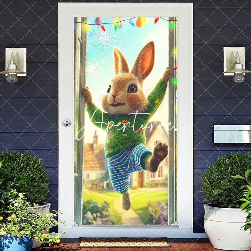 Aperturee - Aperturee Rustic House Color Lighted Bunny Easter Door Cover