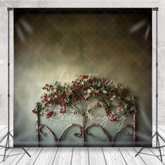 Aperturee - Aperturee Rustic Iron Bed Backdrop Vintage Headboard Red Berry Garland Moody Green Wall Photo Background