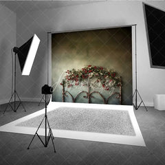 Aperturee - Aperturee Rustic Iron Bed Backdrop Vintage Headboard Red Berry Garland Moody Green Wall Photo Background
