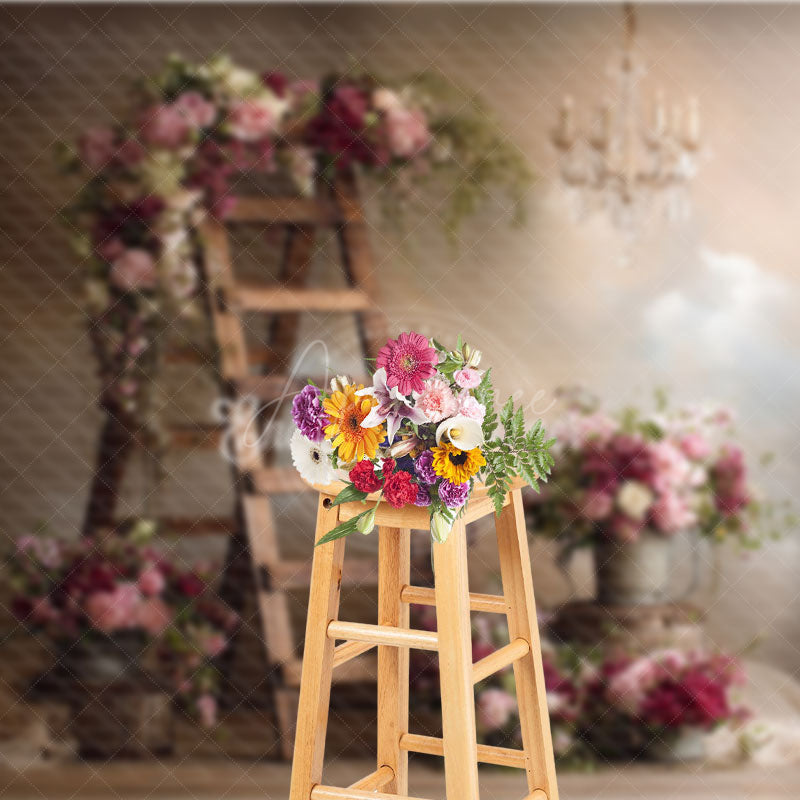 Aperturee - Aperturee Rustic Ladder with Flowers Photography Backdrop Farmhouse Wedding Decor Romantic Chandelier Photo Background