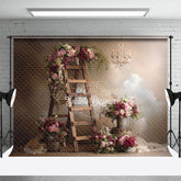 Aperturee - Aperturee Rustic Ladder with Flowers Photography Backdrop Farmhouse Wedding Decor Romantic Chandelier Photo Background
