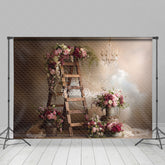Aperturee - Aperturee Rustic Ladder with Flowers Photography Backdrop Farmhouse Wedding Decor Romantic Chandelier Photo Background
