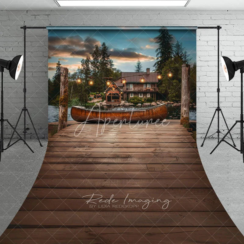 Aperturee - Aperturee Rustic Lake Cabin Wooden Dock Backdrop Vintage Canoe and String Lights Photography Background for Portrait