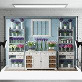 Aperturee - Aperturee Rustic Light Blue Wall Photography Backdrop with White Window Lavender and Tulips Floral Decor
