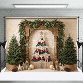 Aperturee - Aperturee Rustic Macrame Christmas Tree Holiday Backdrop with Pine Trees Garland and Gold Ornaments for Festive Winter Decor