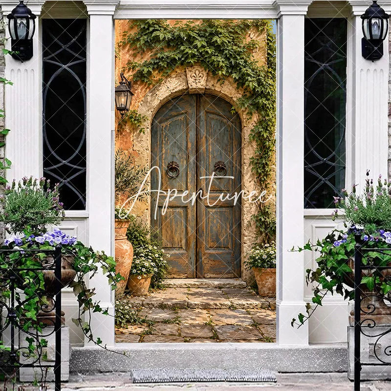 Aperturee - Aperturee Rustic Mediterranean Weathered Wooden Door Cover with Stone Arch Lush Green Ivy and Terracotta Pots Decor