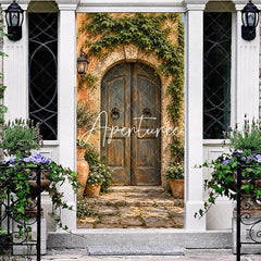 Aperturee - Aperturee Rustic Mediterranean Weathered Wooden Door Cover with Stone Arch Lush Green Ivy and Terracotta Pots Decor