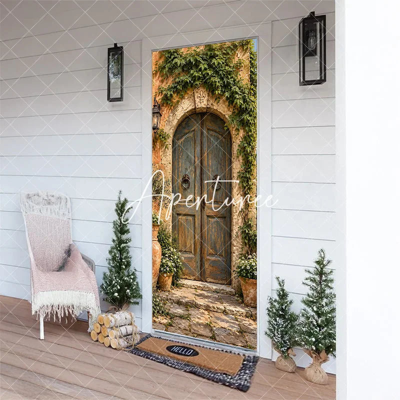 Aperturee - Aperturee Rustic Mediterranean Weathered Wooden Door Cover with Stone Arch Lush Green Ivy and Terracotta Pots Decor