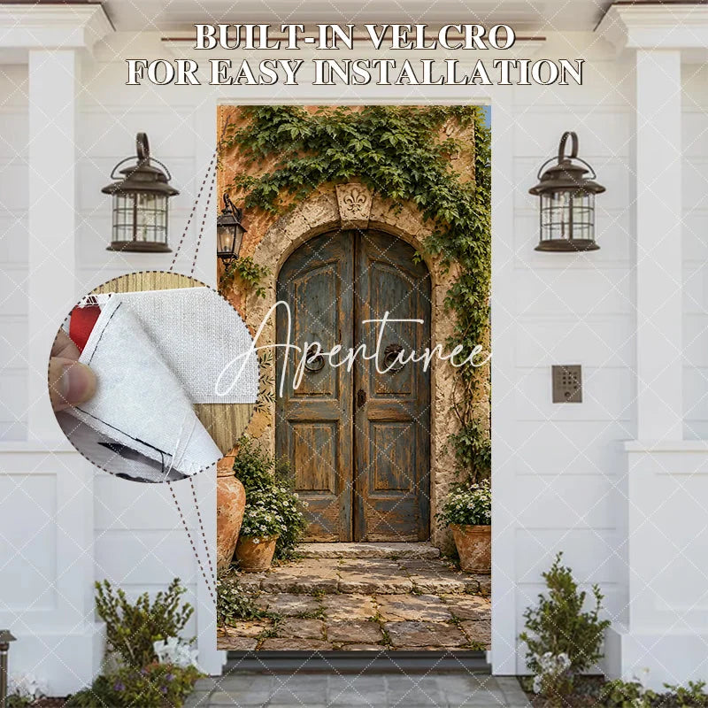 Aperturee - Aperturee Rustic Mediterranean Weathered Wooden Door Cover with Stone Arch Lush Green Ivy and Terracotta Pots Decor